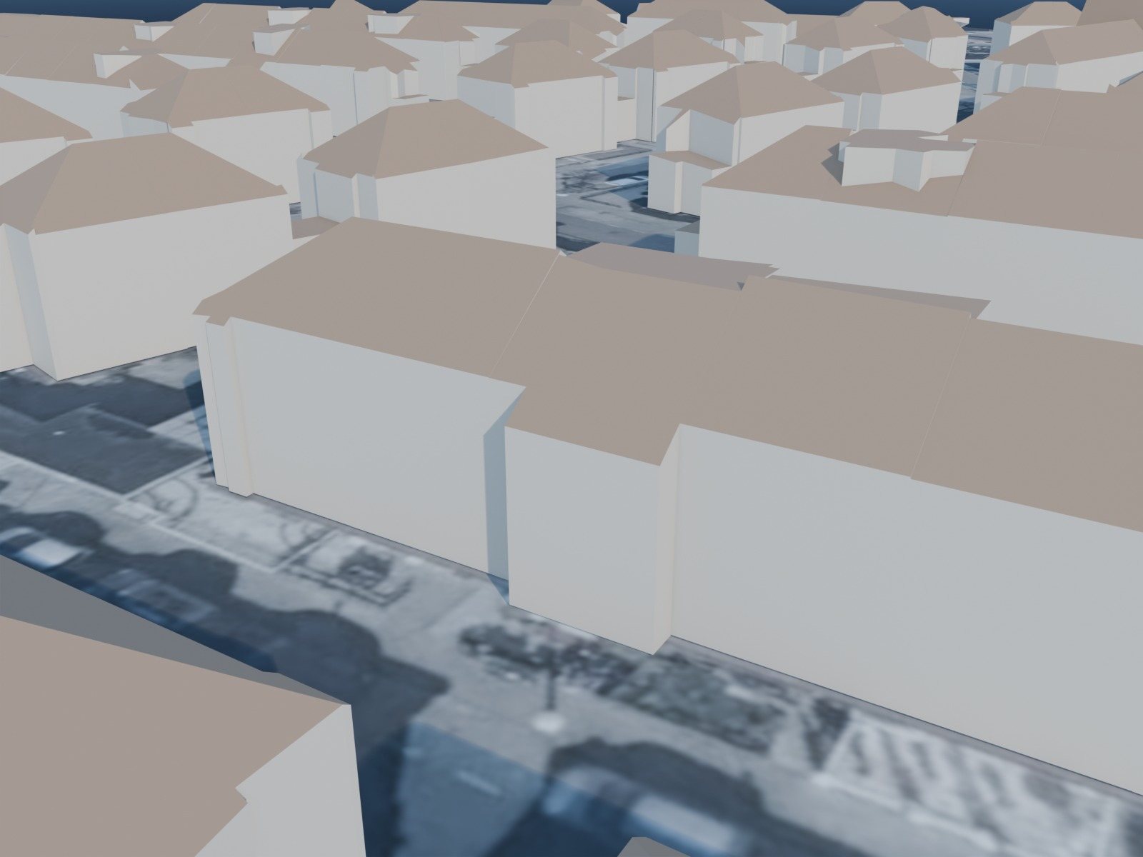 3D-model van een rij woningen in Amsterdam-Noord zonder dakkapel